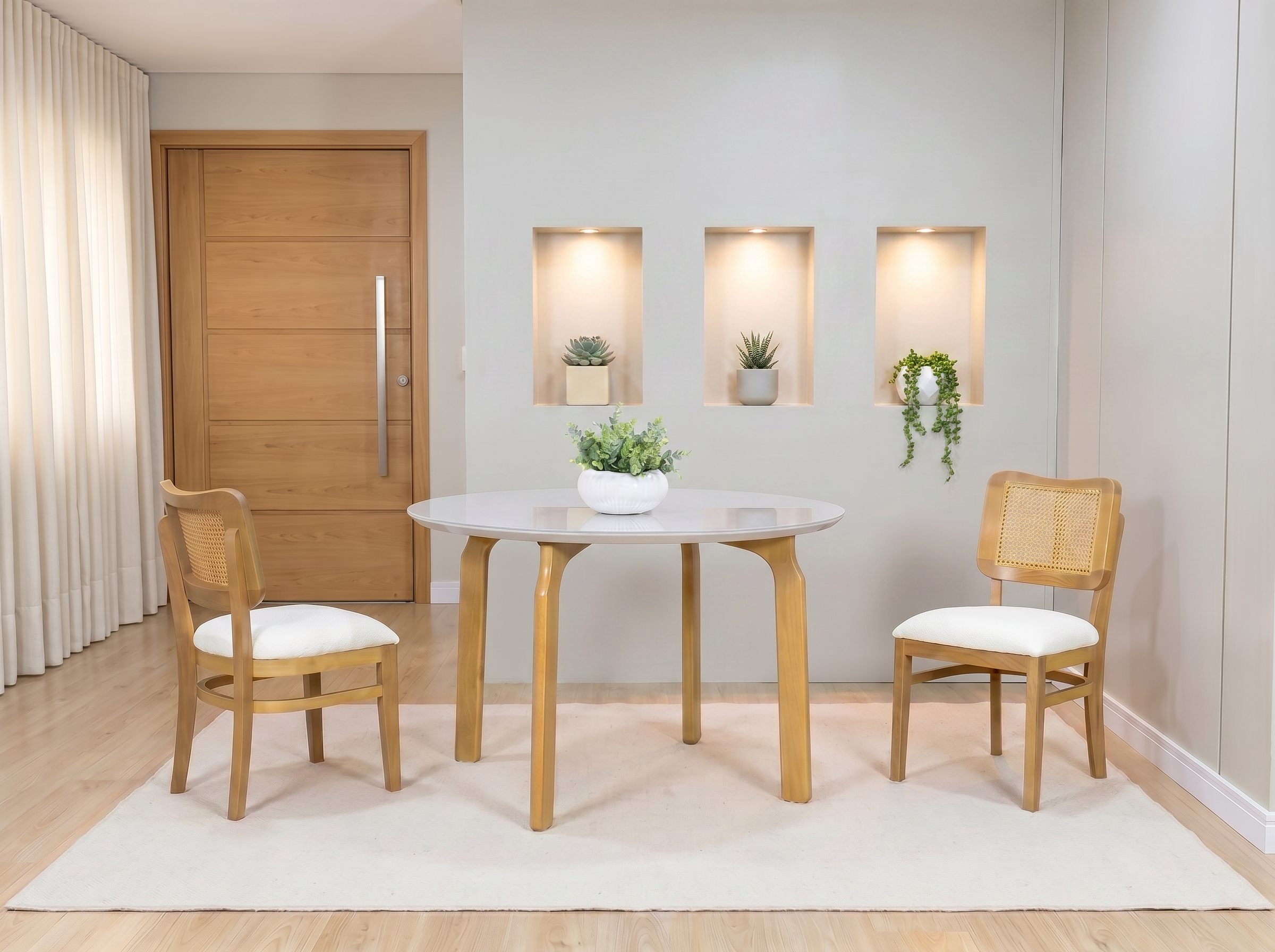 Ref. 4486 - Mesa Valence Ø1,20 tampo vidro FENDI CLARO Amêndoa - Ref. 7449 - Cadeira Julia Amêndoa TC 238A TELA_ TINGIDA